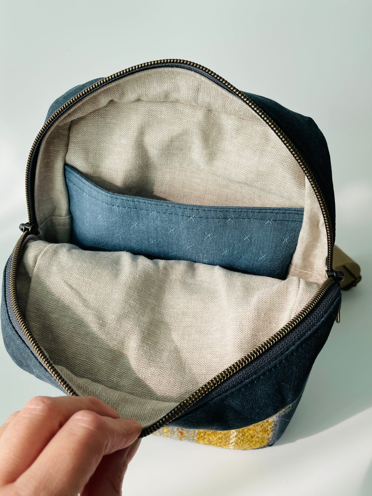Harris Tweed Sling Backpack, Denim and Mustard