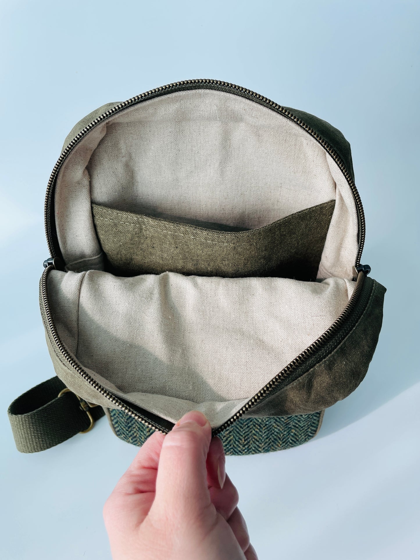 Harris Tweed Sling Backpack, Hunter Green Herringbone