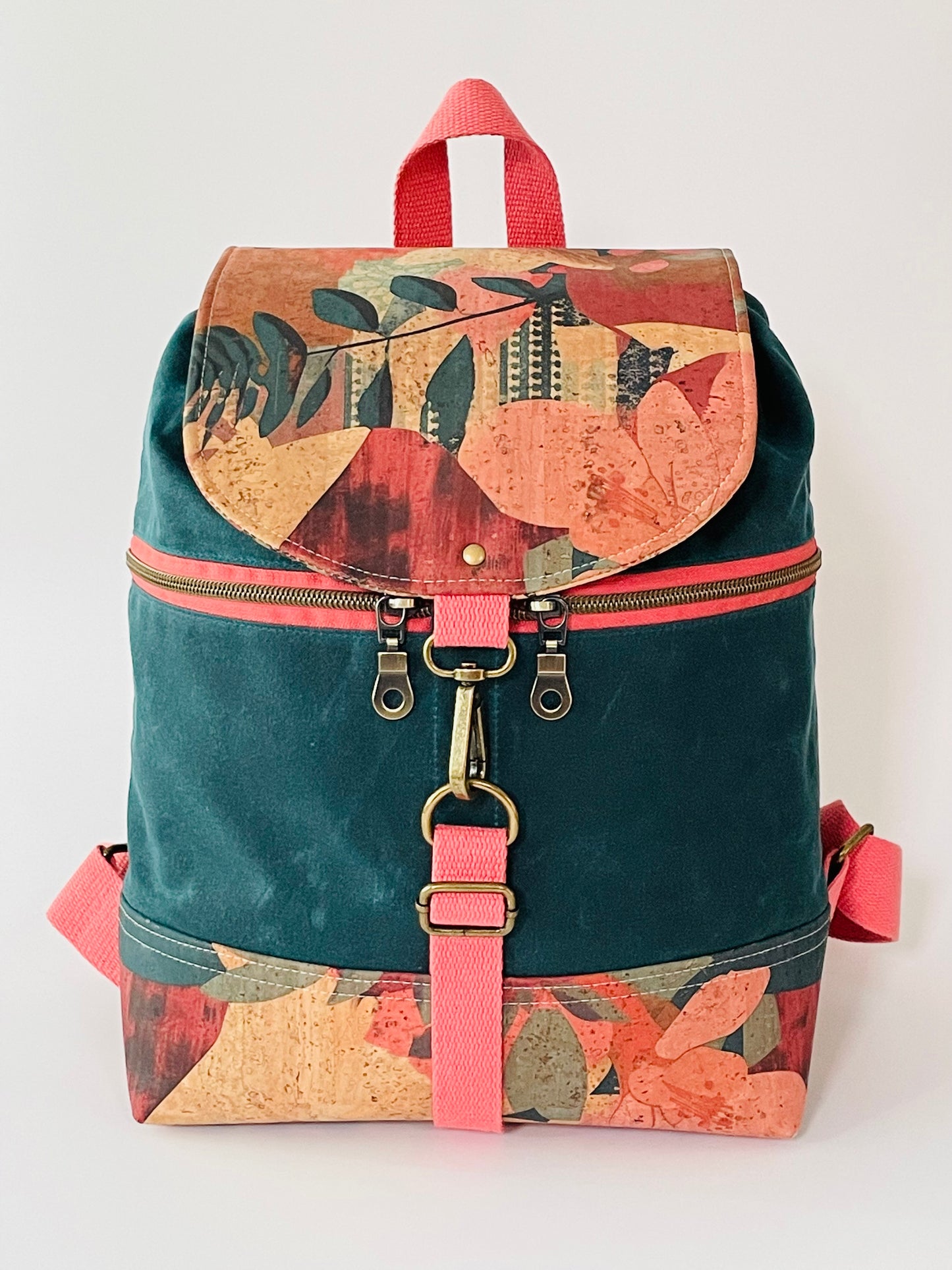 Canvas Backpack, Teal with Printed Cork