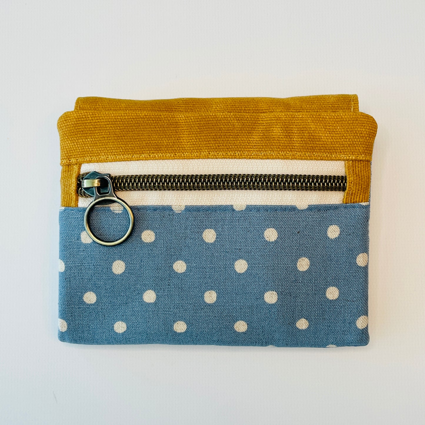 Canvas Wallet, Mustard/Blue Polka Dot