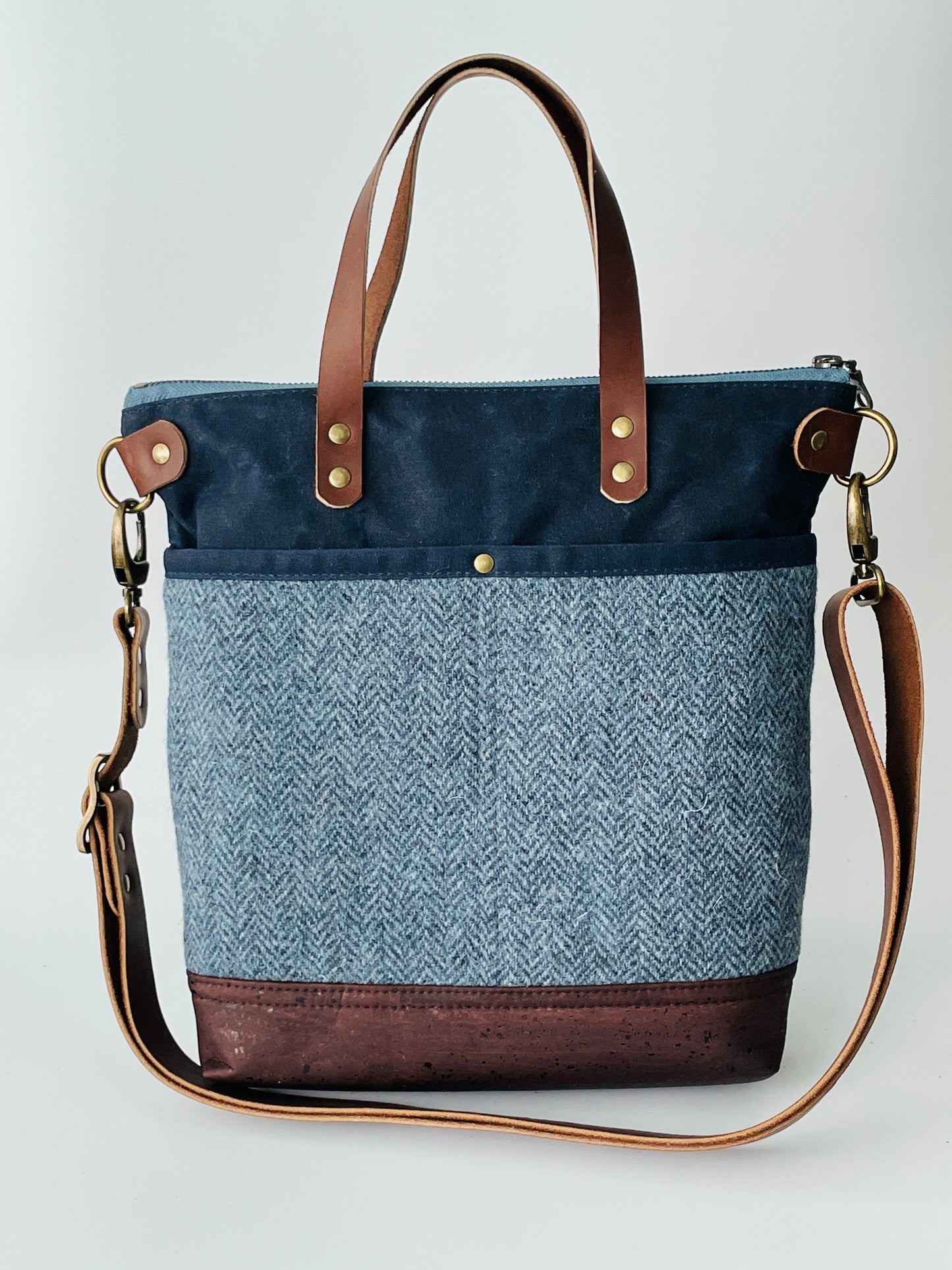 Harris Tweed Crossbody Tote, Blue Herringbone