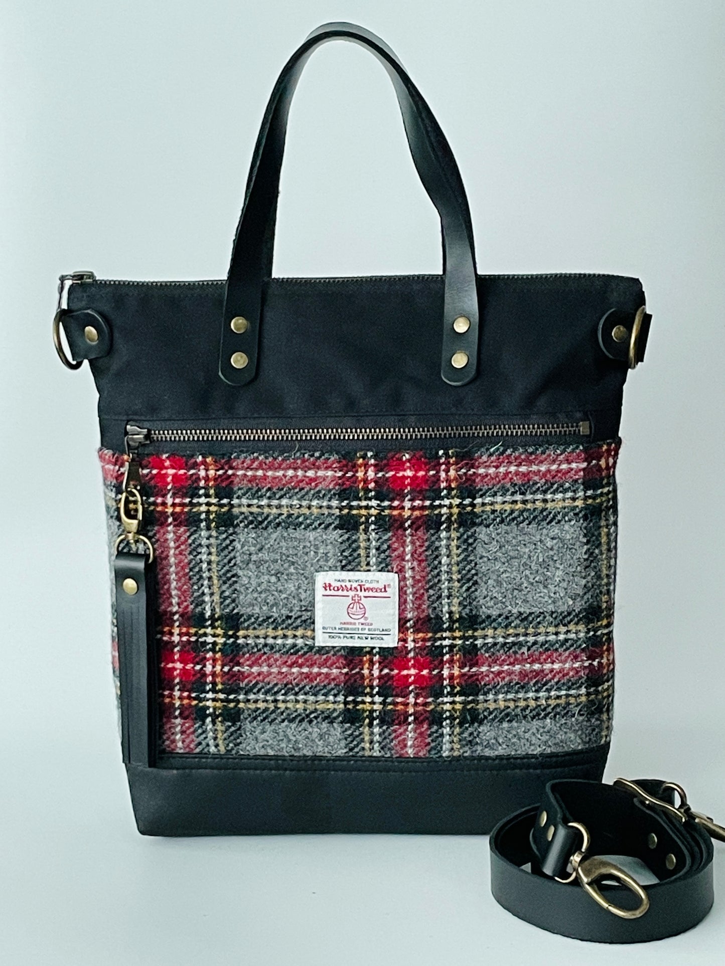 Harris Tweed Crossbody Tote, Black Stewart Tartan