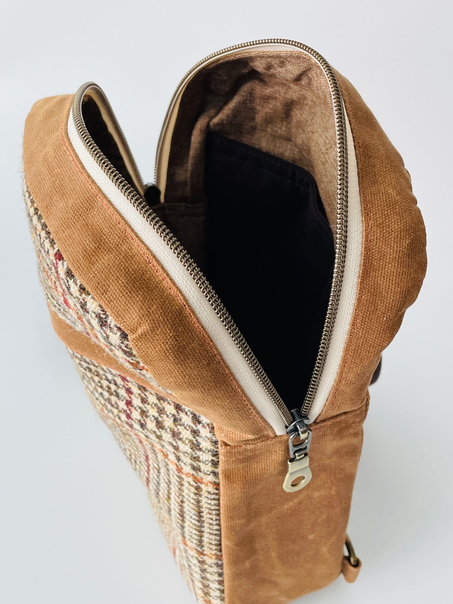Harris Tweed Sling Backpack, Brown and Beige Check