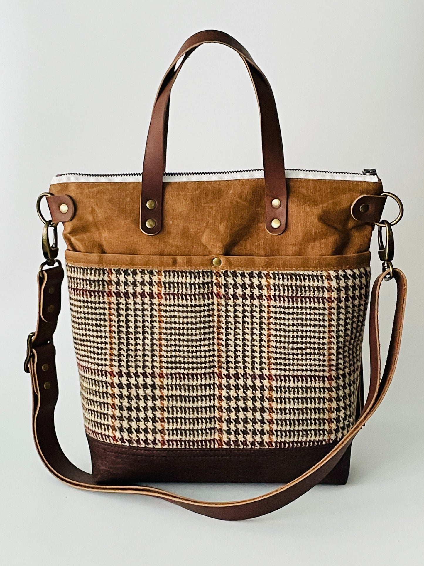 Harris Tweed Crossbody Tote, Brown and Beige Check