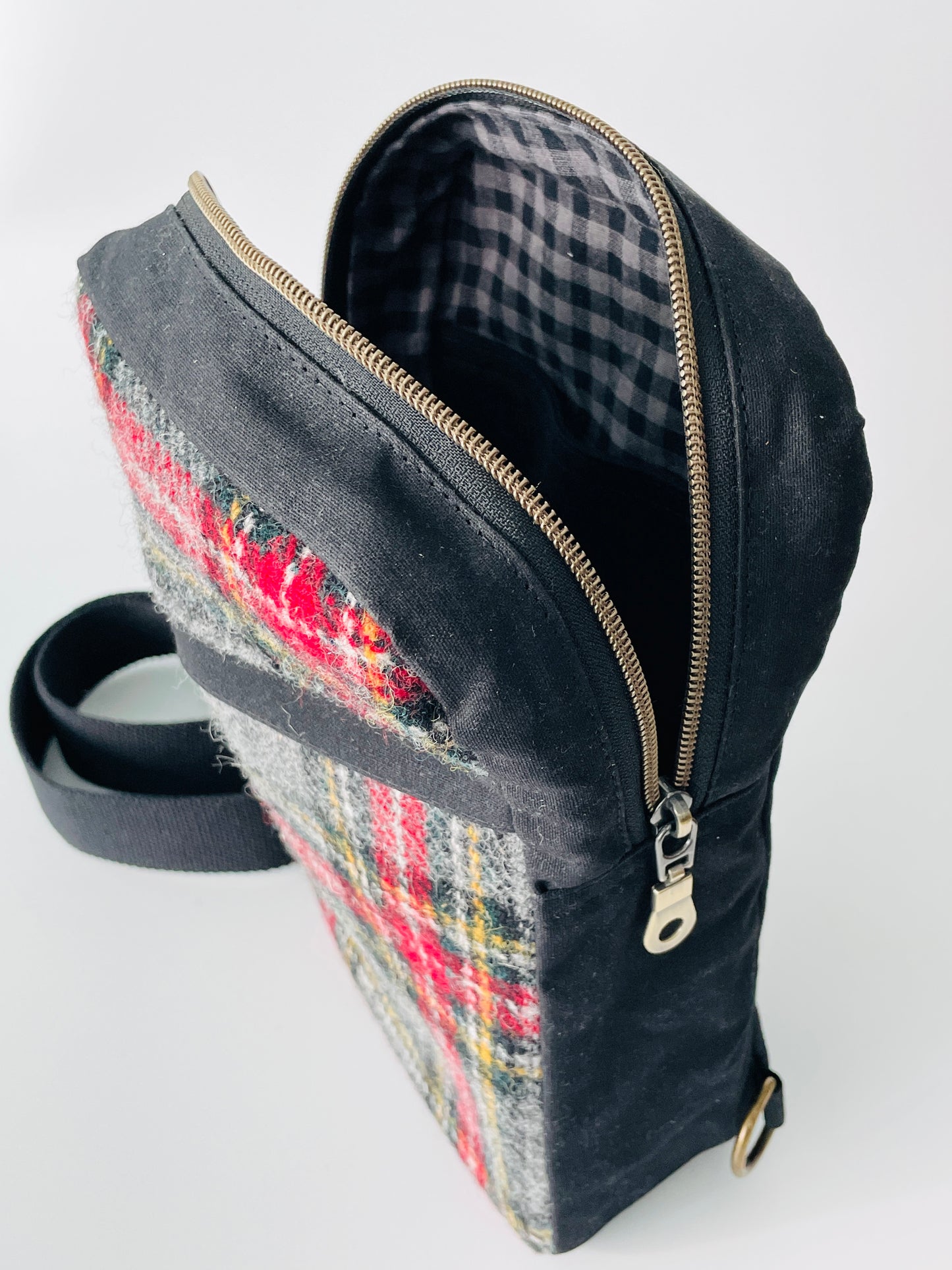 Harris Tweed Sling Backpack, Black Stewart Tartan