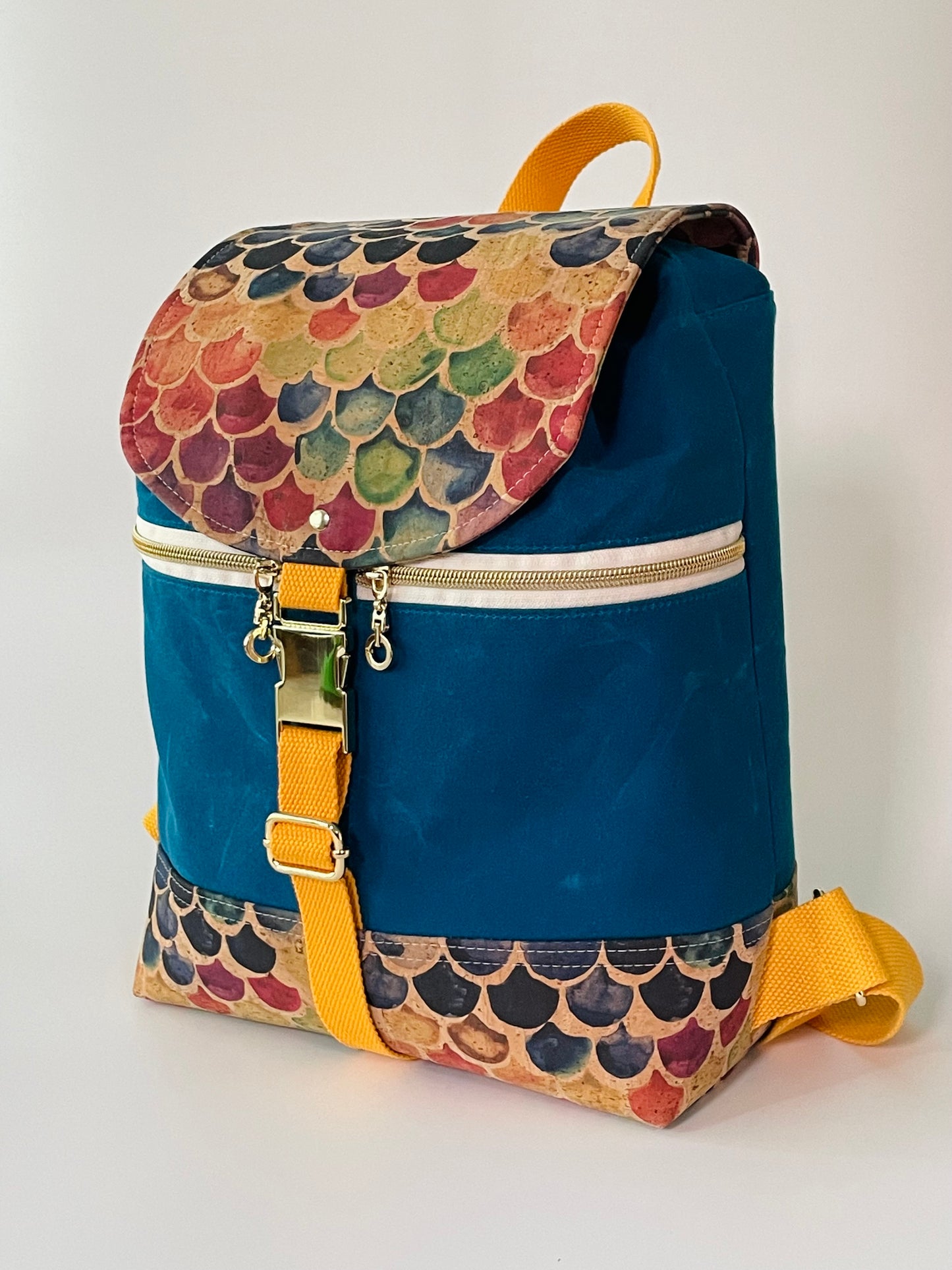 Canvas Backpack, Lagoon Blue with Printed Cork