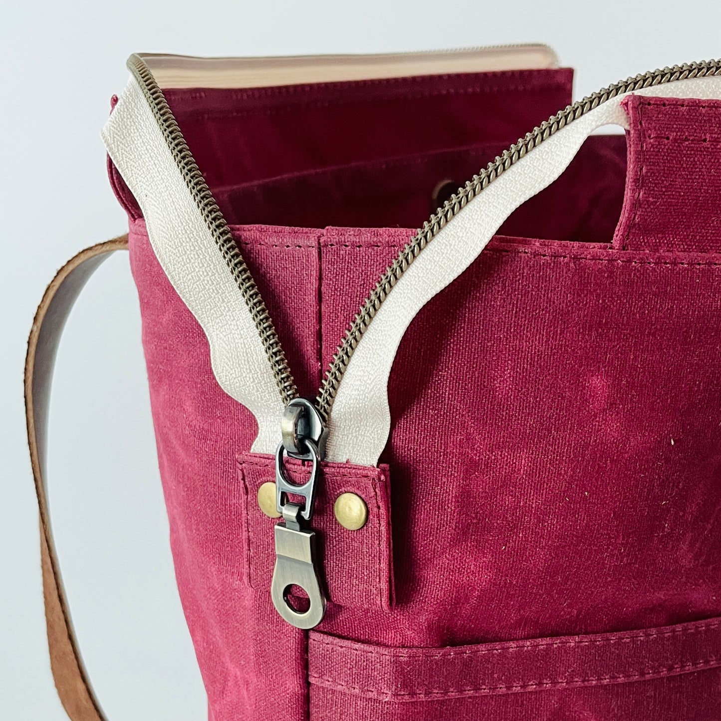Large Waxed Canvas Zipper Tote, Burgundy