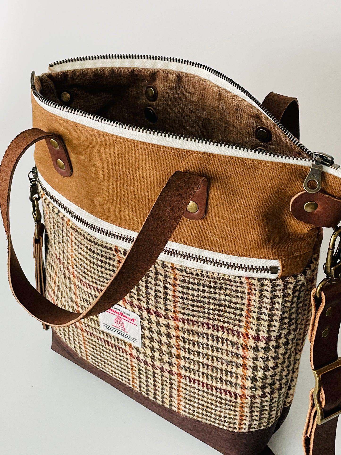 Harris Tweed Crossbody Tote, Brown and Beige Check