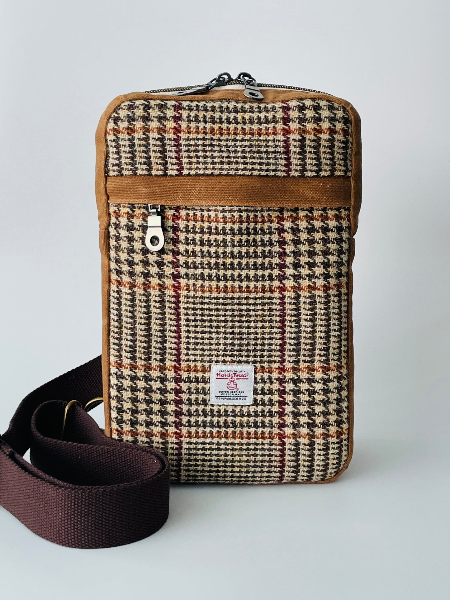 Harris Tweed Sling Backpack, Brown and Beige Check