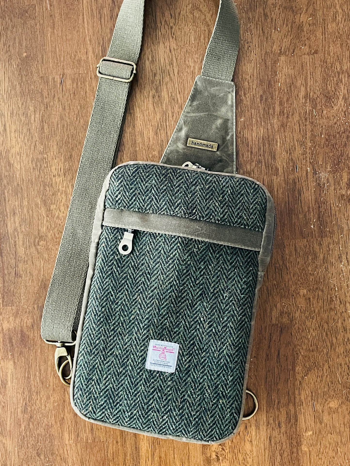 Harris Tweed Sling Backpack, Hunter Green Herringbone