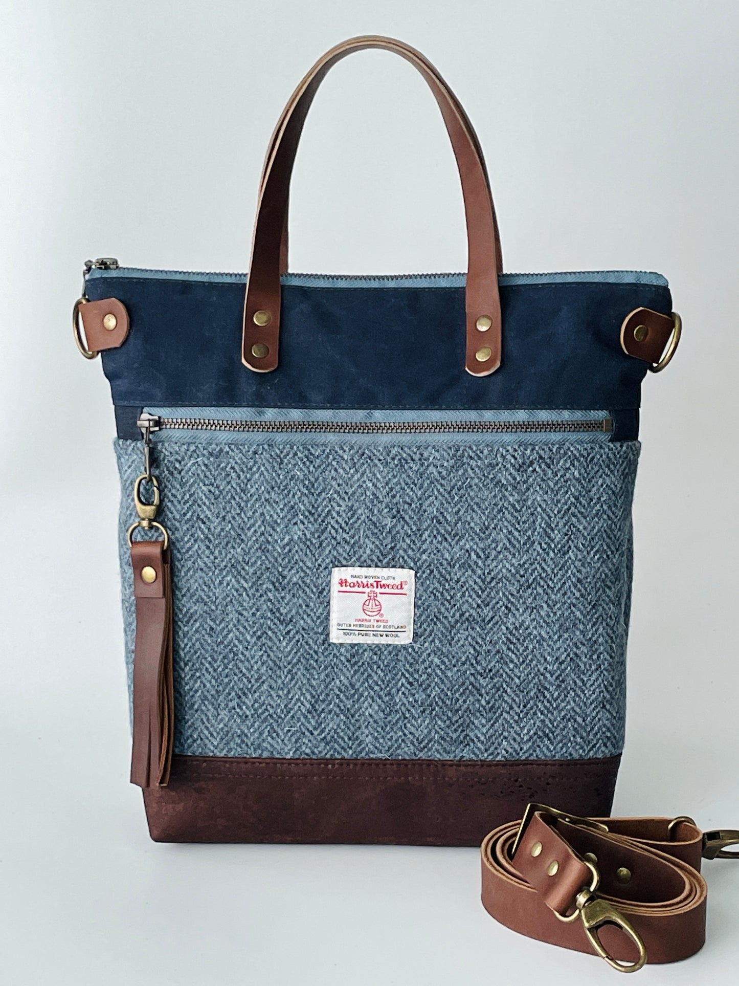 Harris Tweed Crossbody Tote, Blue Herringbone