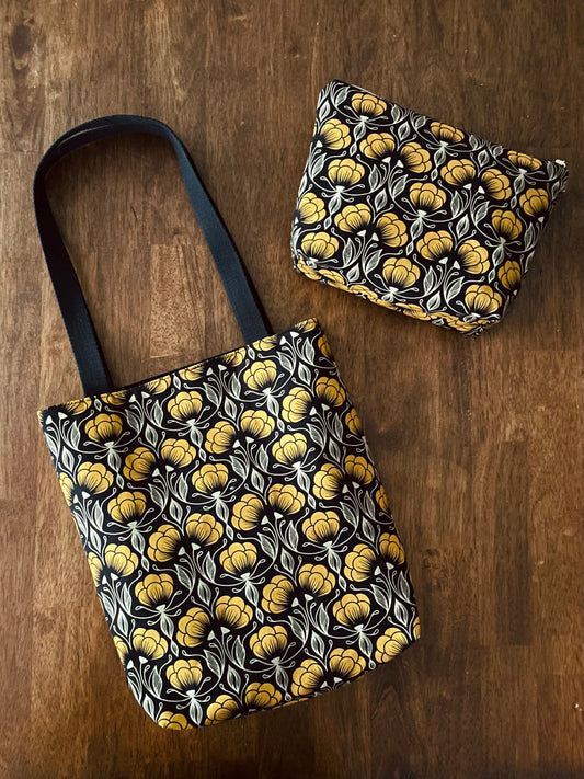 Canvas Tote Bag and Pouch, Black and Yellow Floral